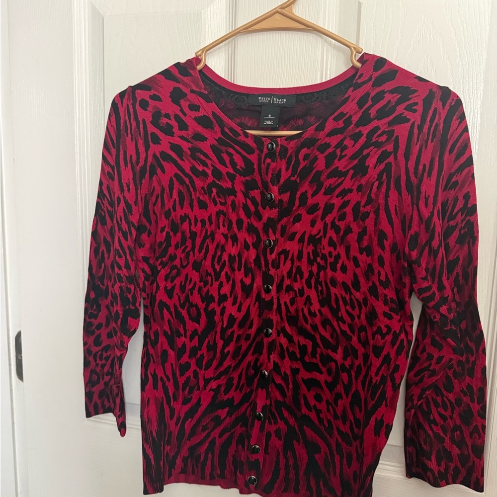 White House Black Market Red and Black Animal Print Cardigan